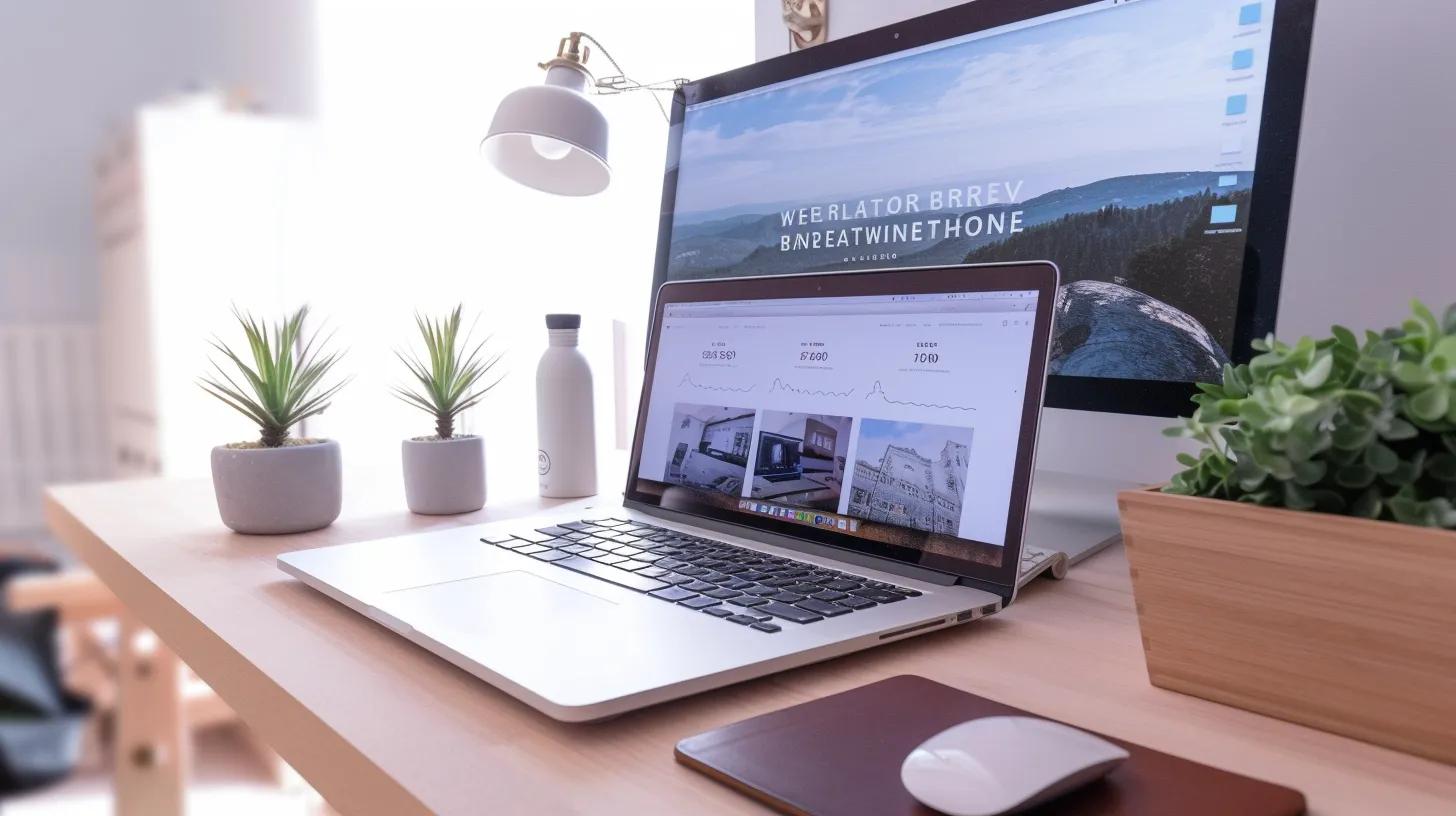 Laptop displaying website design metrics alongside a desktop monitor, surrounded by potted plants and a water bottle, in a modern workspace setting.