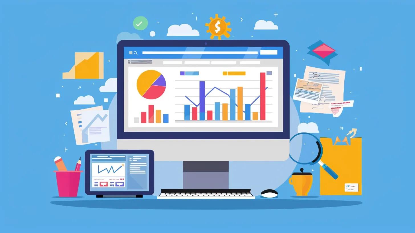 Computer monitor displaying colourful graphs and charts related to performance metrics, alongside a laptop, stationery, and documents, illustrating on-page SEO analytics and web optimisation strategies for small businesses.
