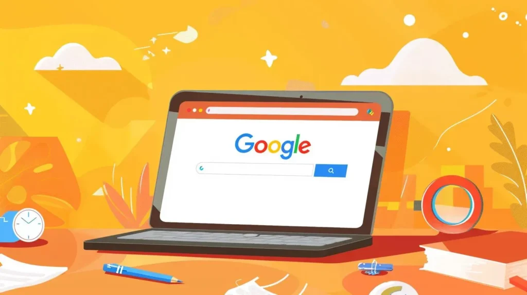 Laptop showing the Google search page on a bright yellow background