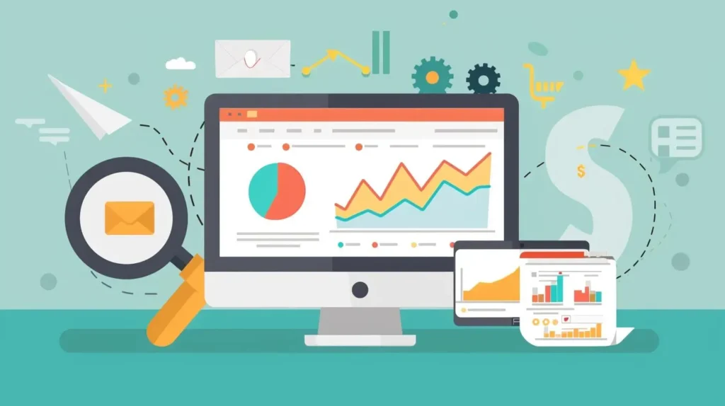 Illustration of a computer and tablet showing analytics charts and an email icon