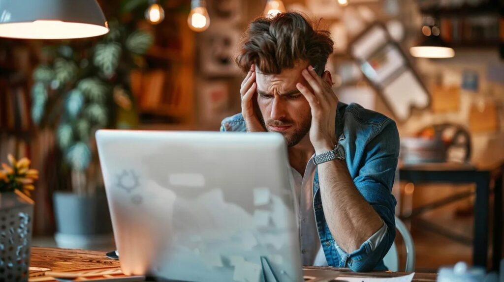 Frustrated man in a denim shirt holding his head while looking at a laptop