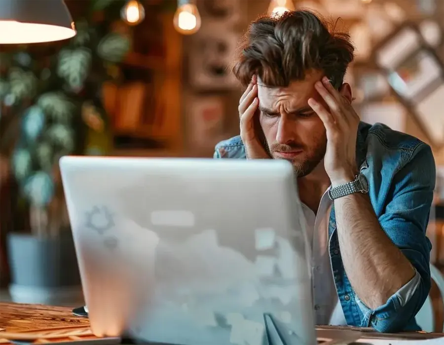 Frustrated man holding his head while looking at a laptop