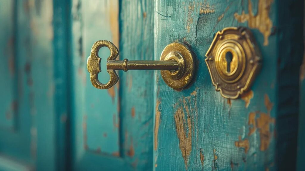 Brass key in an ornate keyhole on a weathered blue door