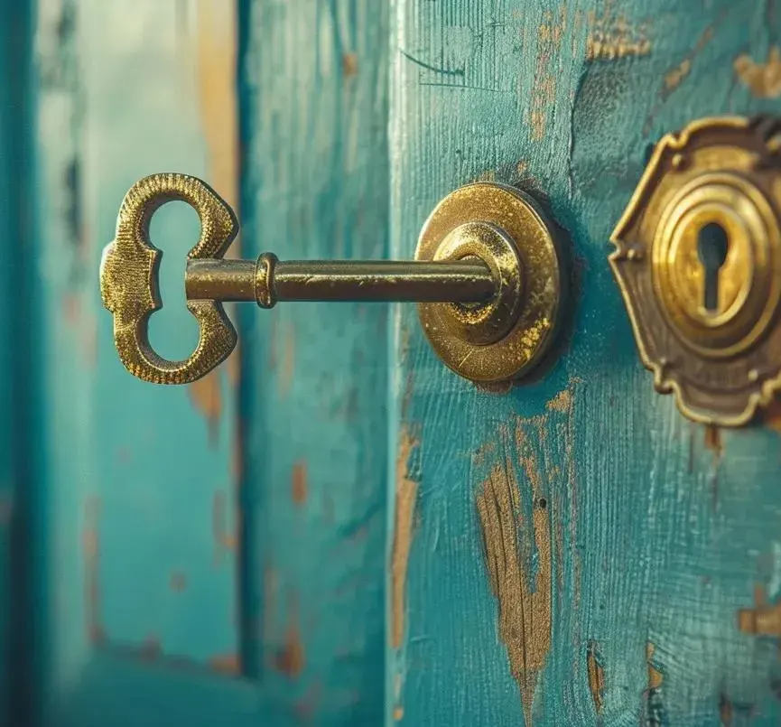 Brass key in an ornate keyhole on a weathered blue door