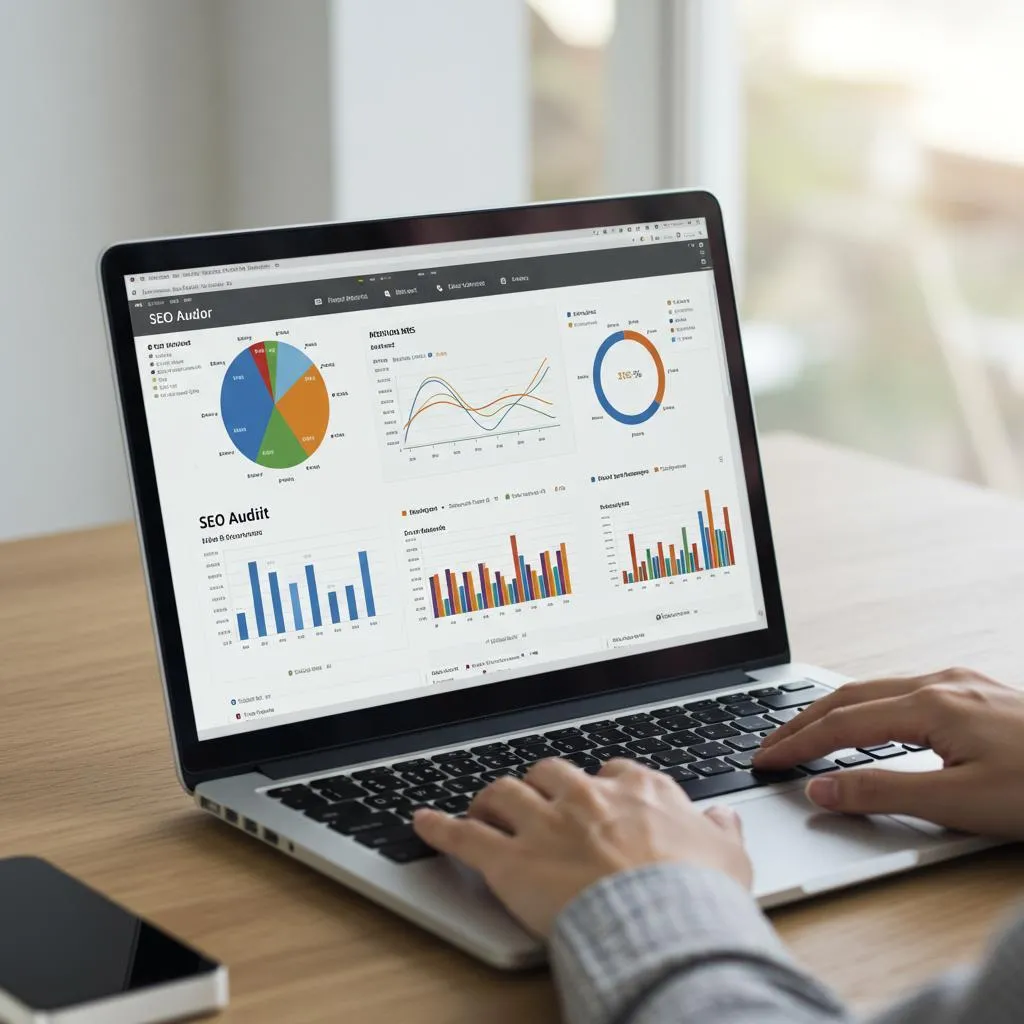Person analysing SEO audit data on laptop, displaying charts and graphs for website performance and optimisation.