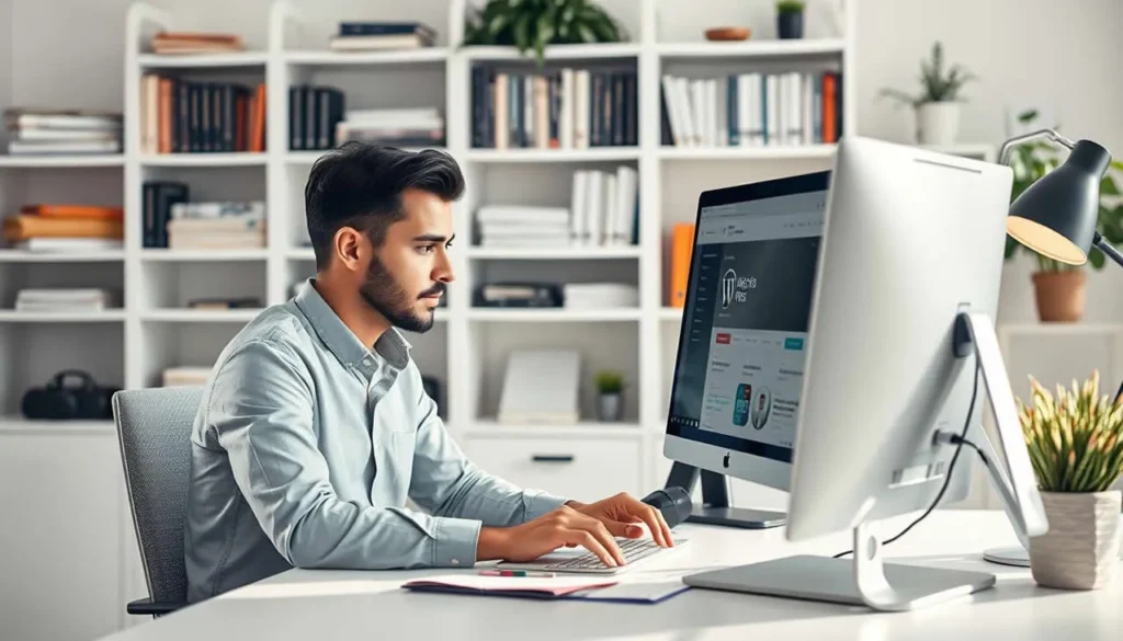 Man working on a computer in modern office, focused on custom WordPress website design and development.