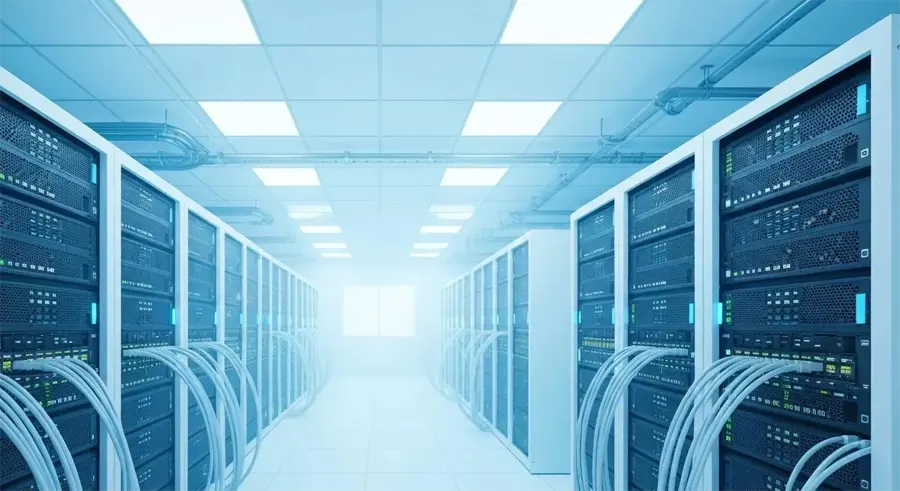 Rows of server racks in a bright data centre