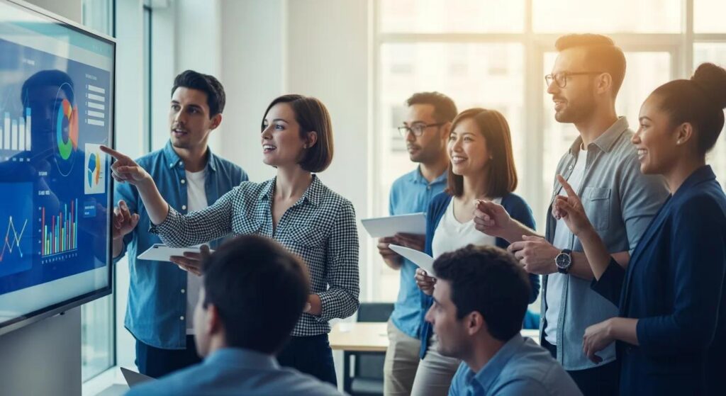 Group of professionals analysing data on a screen, discussing web hosting performance and security features for small businesses.