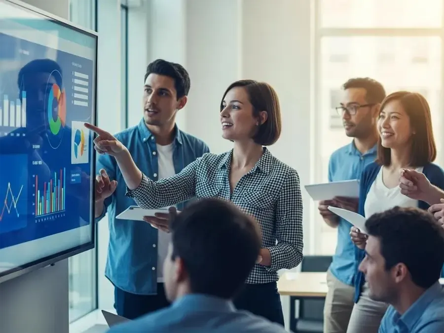 Colleagues pointing at charts on a wall screen during a meeting