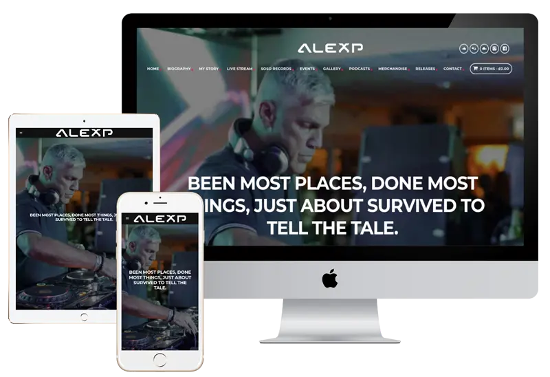 Website mockup for AlexP featuring responsive design on desktop, tablet, and smartphone, showcasing music-related content and branding.
