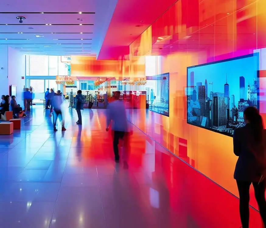 Busy modern interior with colourful lighting and people walking through