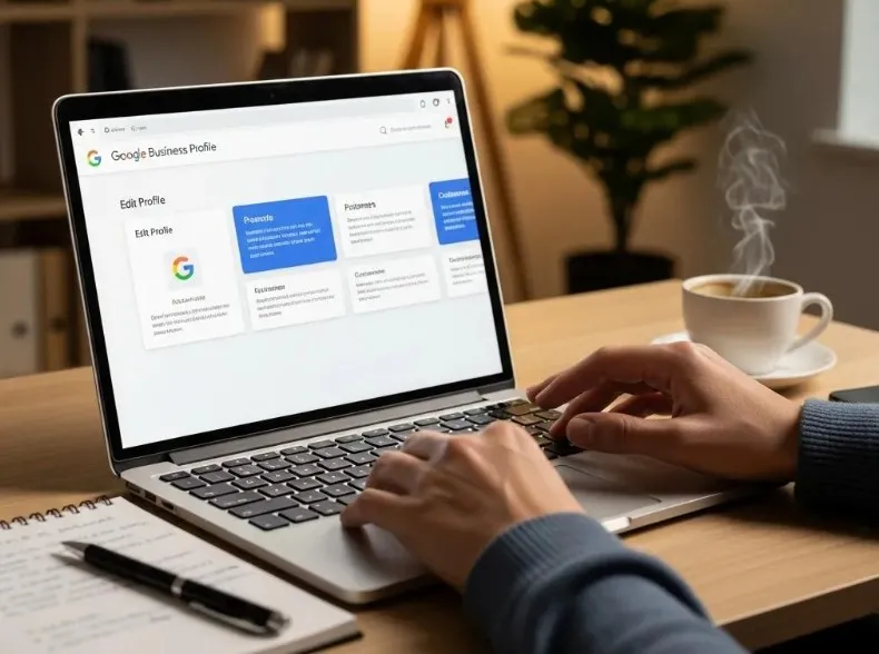 Hands typing on a laptop showing a Google Business Profile page, with a cup of tea