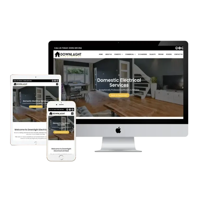 Responsive website design displayed across a desktop computer, tablet, and mobile phone.