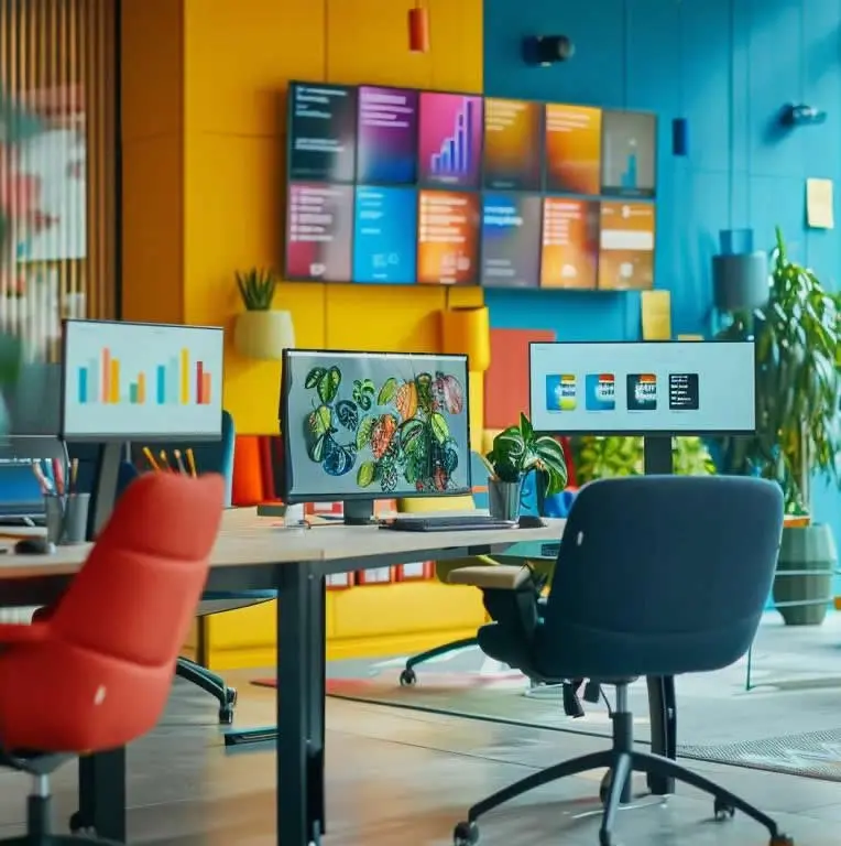 Modern office workspace with colourful walls, multiple computer monitors displaying graphs and designs, vibrant plants, and ergonomic chairs, reflecting a creative web design environment.