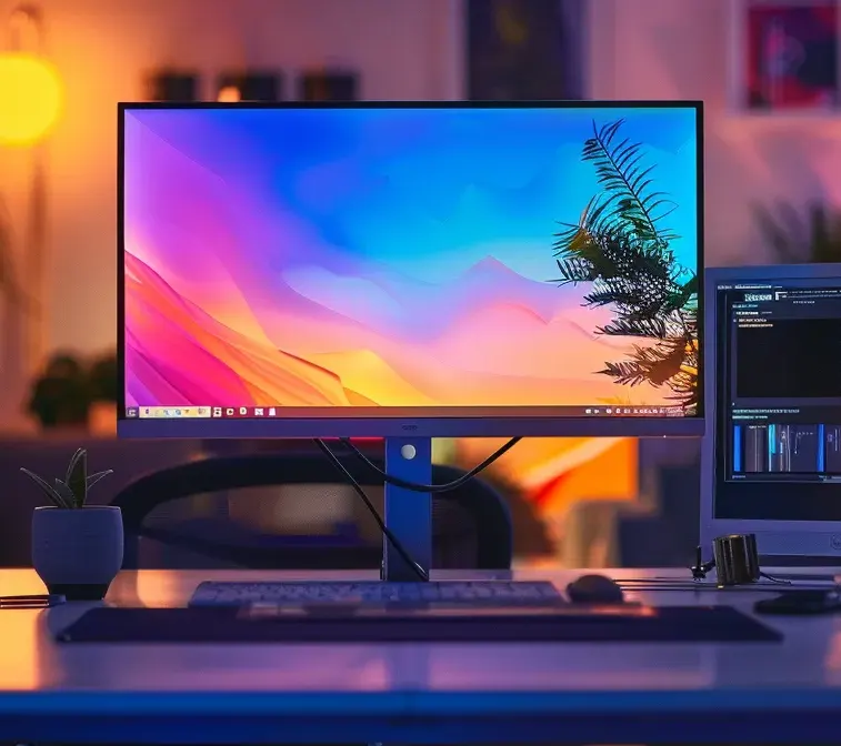Desk with a monitor showing a pink and blue gradient, a keyboard and a potted plant