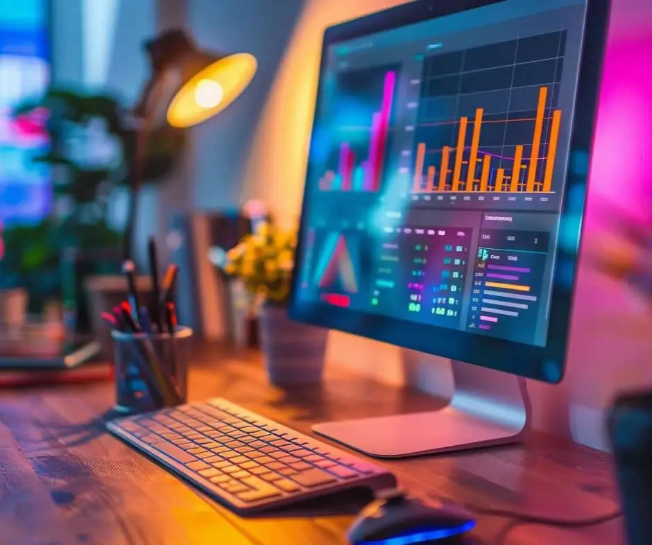 Monitor showing colourful analytics charts on a desk with a keyboard and lamp