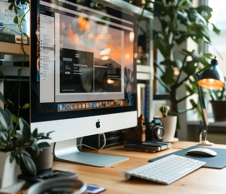 iMac on a wooden desk with a keyboard, plants and a desk lamp