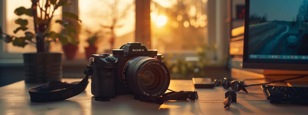 Camera on a desk at sunset beside a monitor and a plant