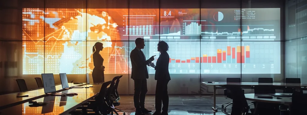 Two people in silhouette discussing a large orange data display