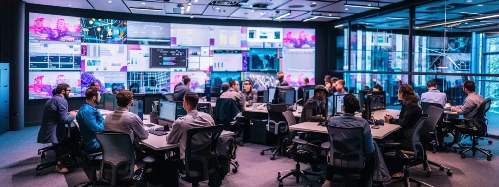Large team seated in front of a wall of screens showing analytics