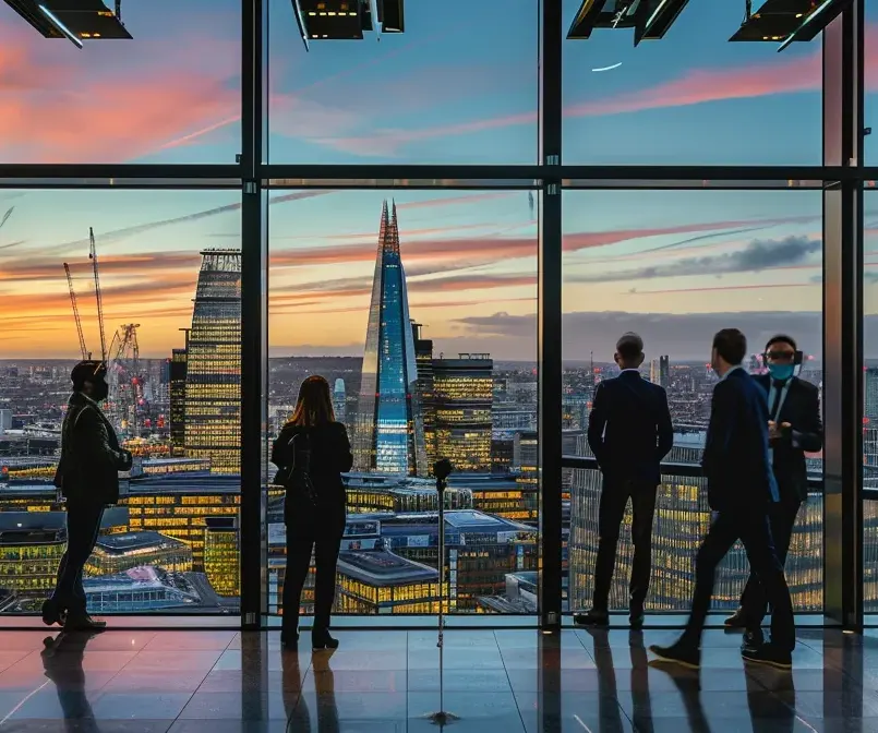 Professionals looking out over the London skyline, including the Shard, from a glass office