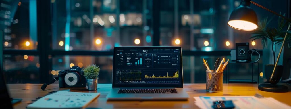 Laptop showing keyword analytics on a desk with notes and a desk lamp