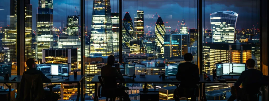 Professionals at desks in an office overlooking London at night