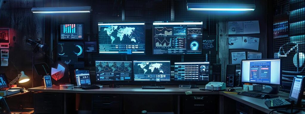 Dark desk setup with monitors showing world maps and SEO dashboards