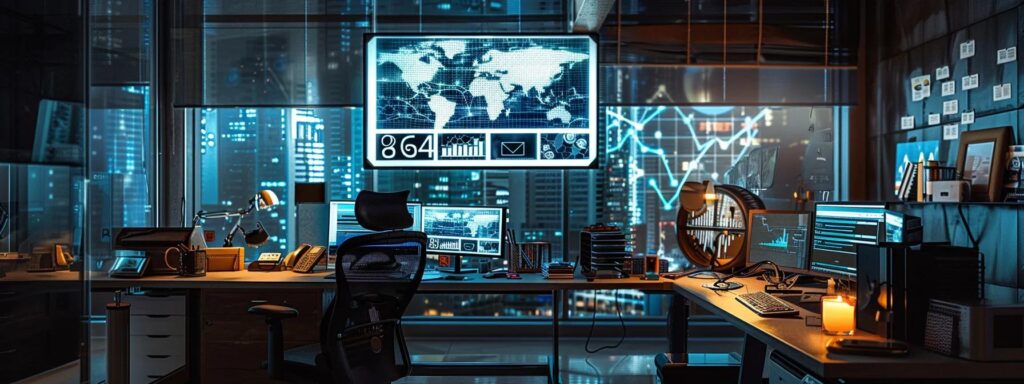 Office desk with a screen showing a world map and analytics graphs
