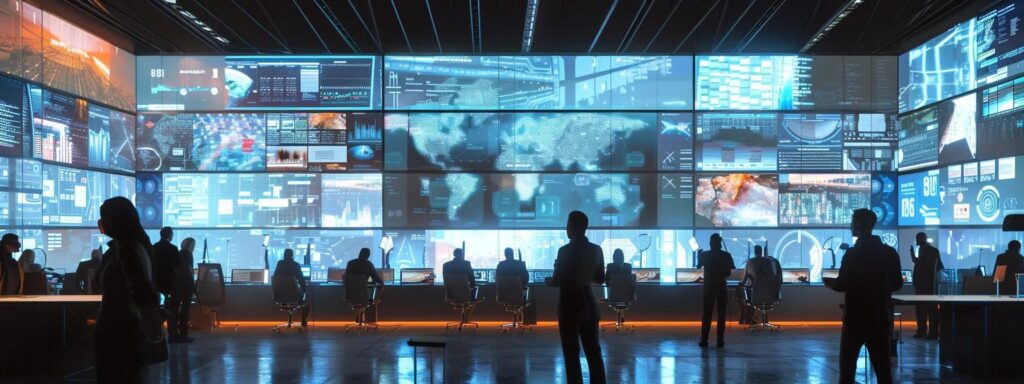 People standing before a wall of screens in a dark control room