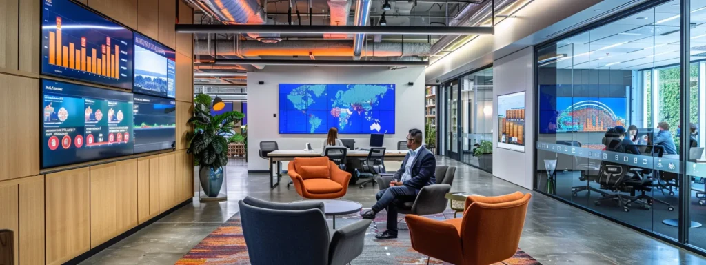 Modern office lounge with orange chairs and wall screens showing charts