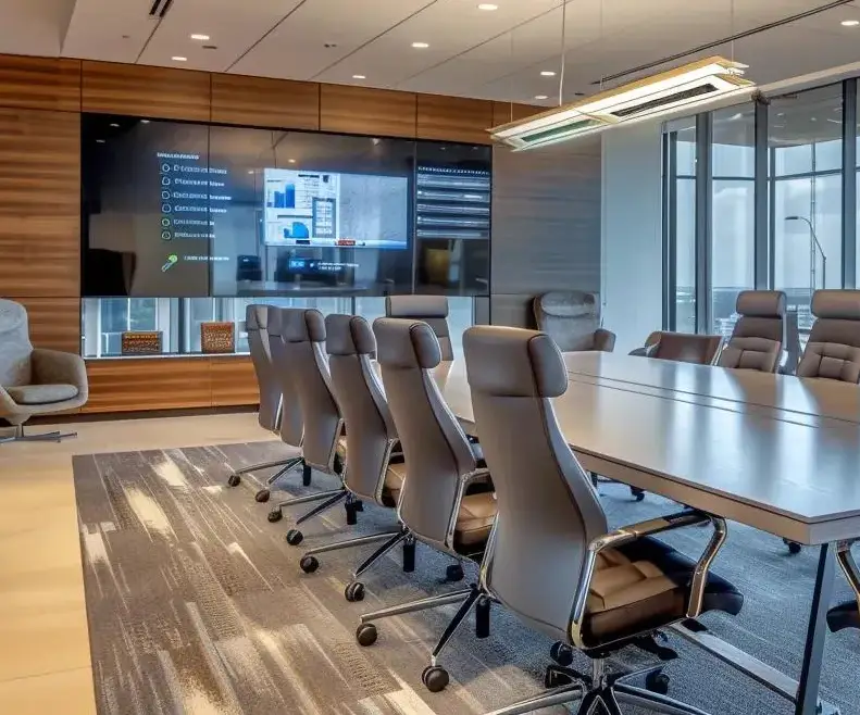 Empty boardroom with a long table, chairs and wall screens
