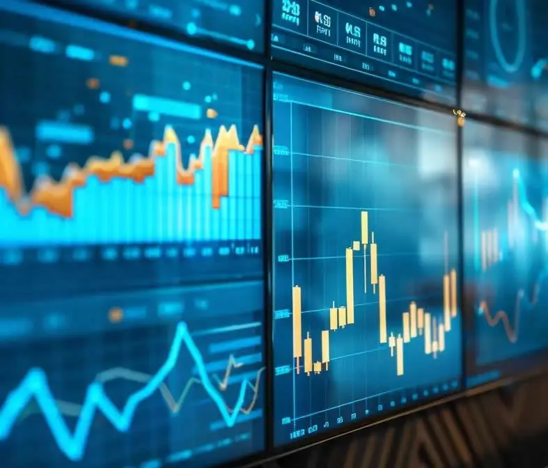 Wall of screens showing blue data charts and graphs