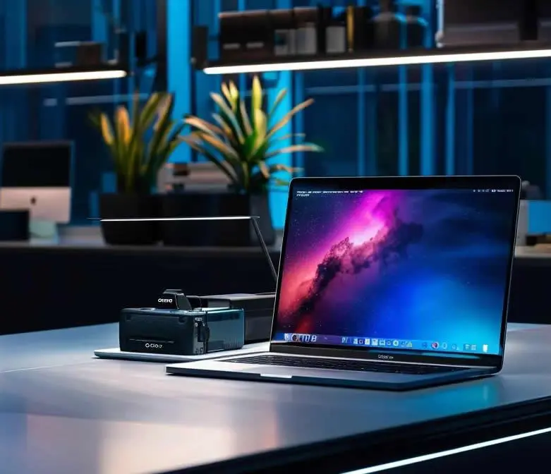 Laptop with a colourful screen beside a digital camera on a desk