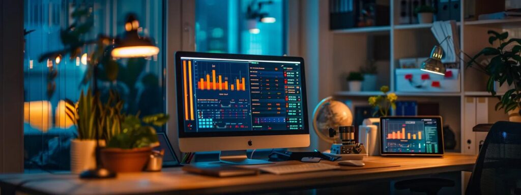 Desk with a monitor showing an analytics dashboard, a globe and a lamp