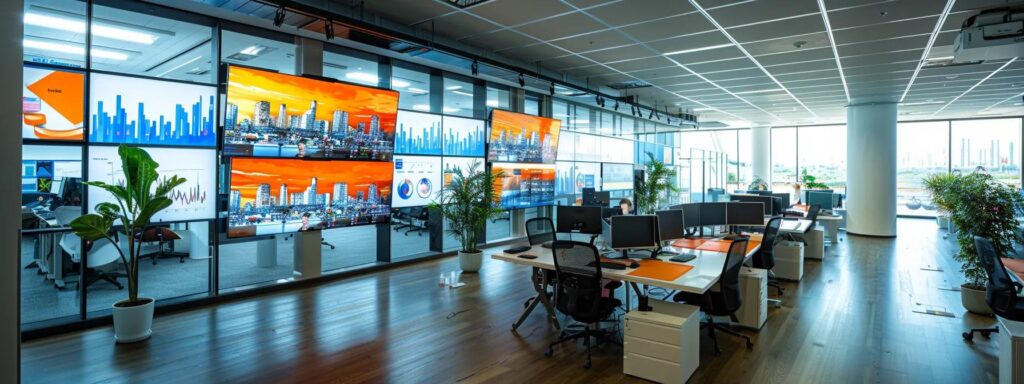 Open-plan office with wall screens showing orange analytics charts