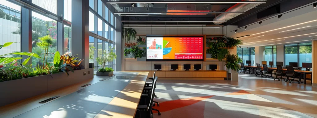 Bright open-plan office with plants and a wall screen