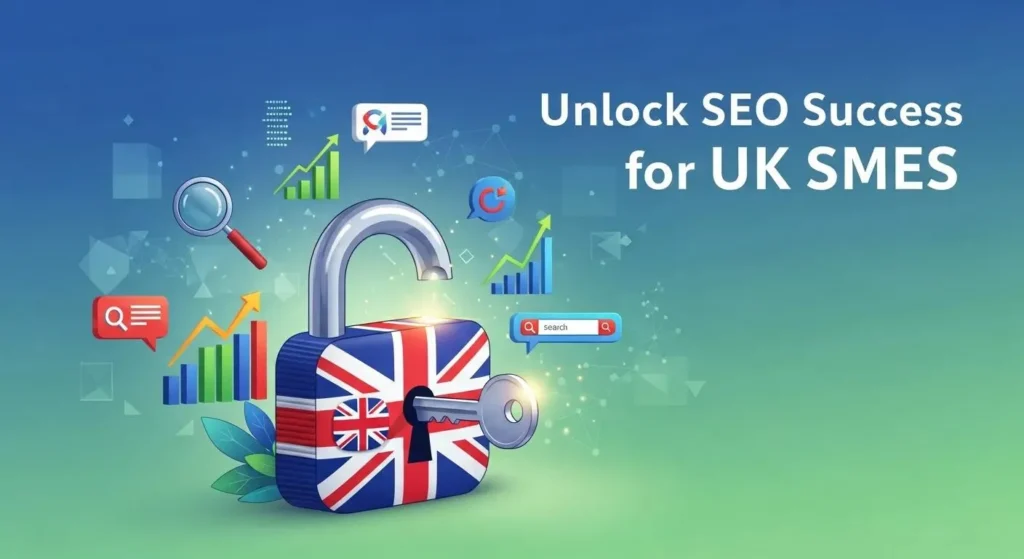 'Unlock SEO Success for UK SMEs' graphic with a padlock in Union Jack colours and SEO icons