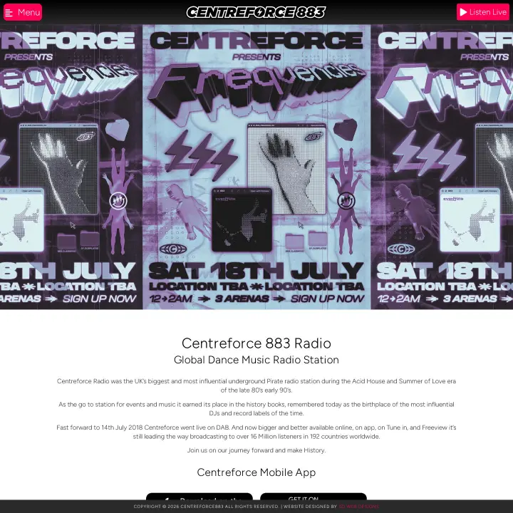 Centreforce Radio promotional graphic featuring event details, including "Frequencies," date "18th July," and "3 arenas," with abstract visuals and vibrant colours, reflecting the music and dance theme.