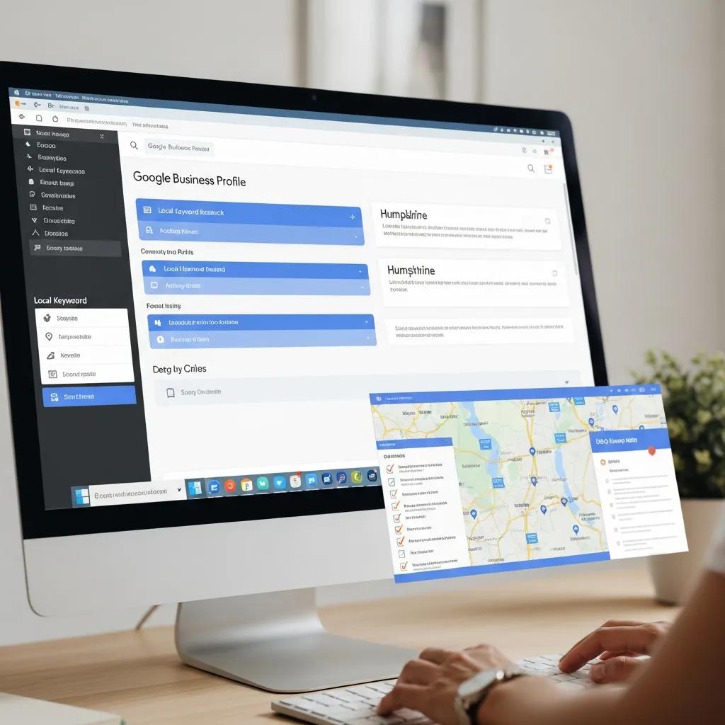 Close-up of a laptop showing local SEO tasks and Google Business Profile