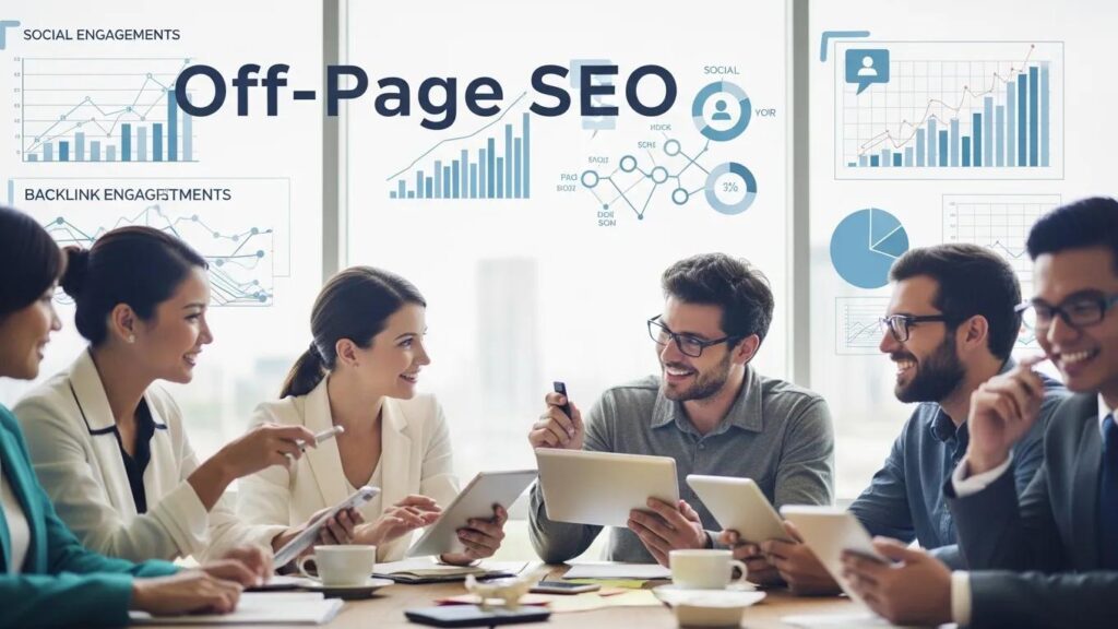 Digital marketers collaborating on off-page SEO strategies in a workspace