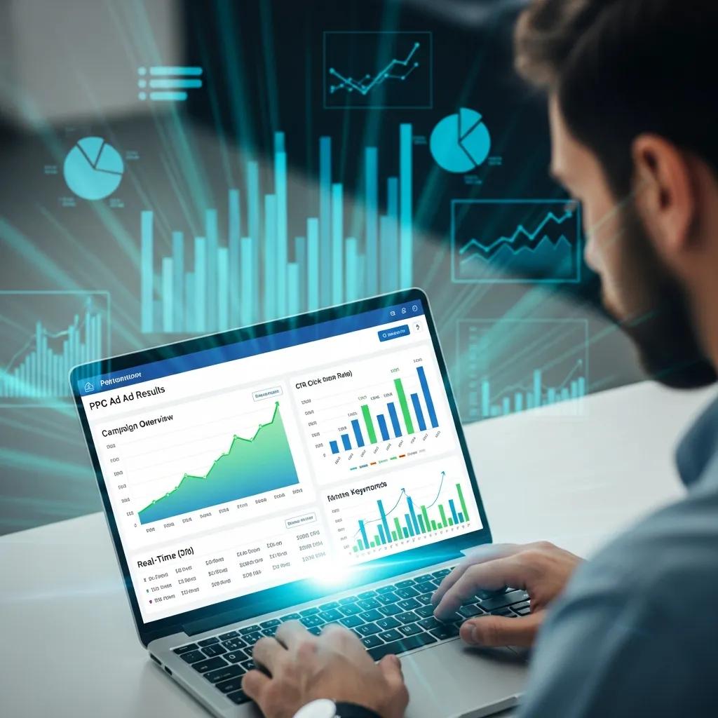 Marketing professional reviewing PPC campaign metrics on a laptop