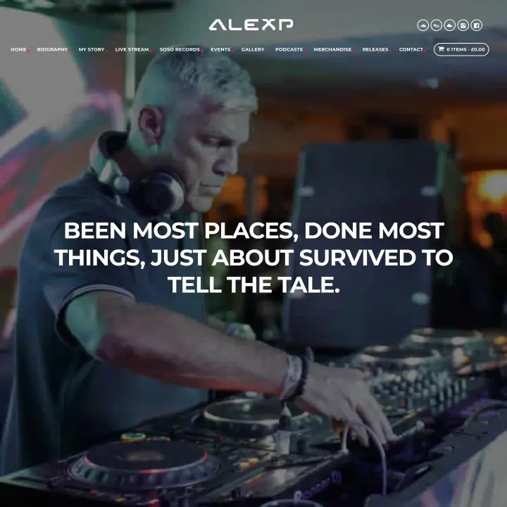 DJ Alex P website homepage showing the DJ at the decks