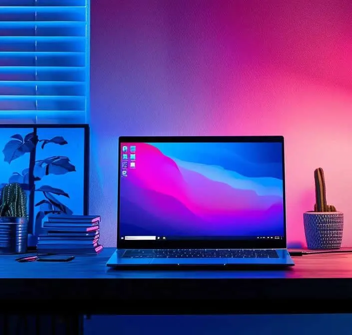 Modern laptop on a desk with colourful ambient lighting, surrounded by books, a plant, and a cactus, illustrating a professional workspace for e-commerce website design.
