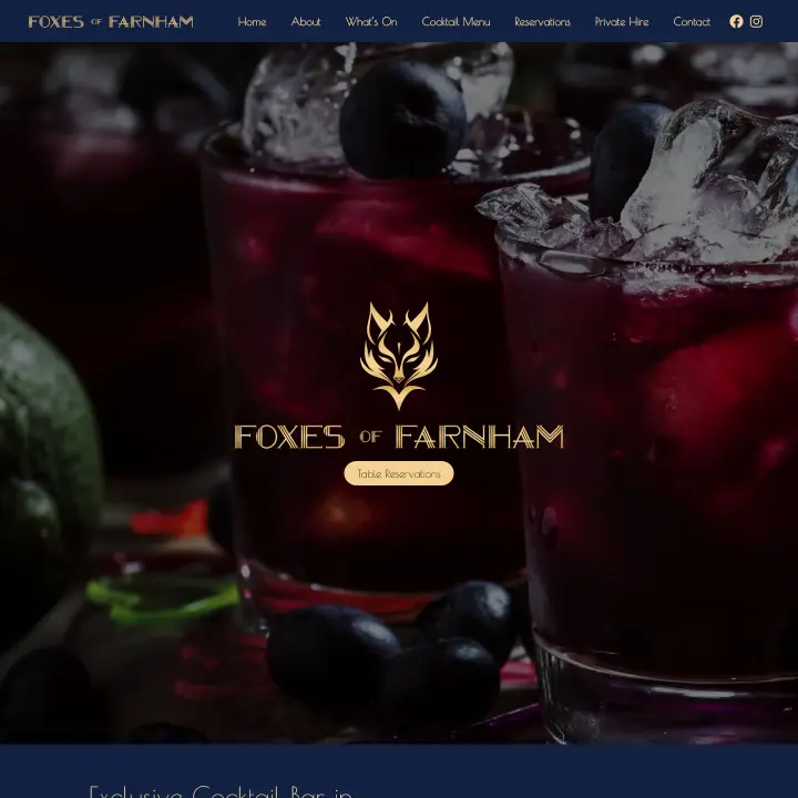 Foxes of Farnham website homepage with a dark berry cocktail and fox logo