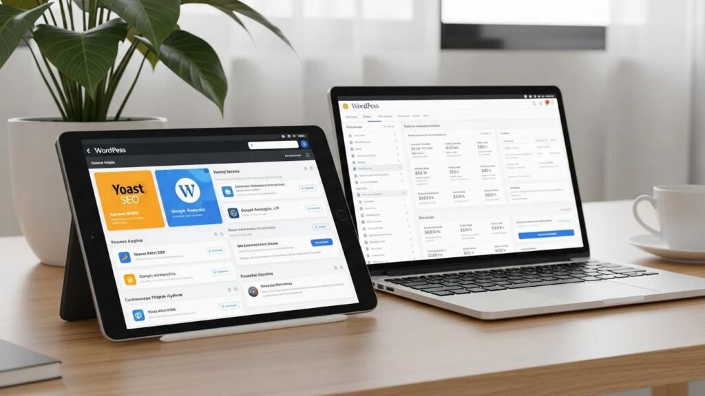 Tablet and laptop showing a WordPress dashboard with the Yoast SEO plugin