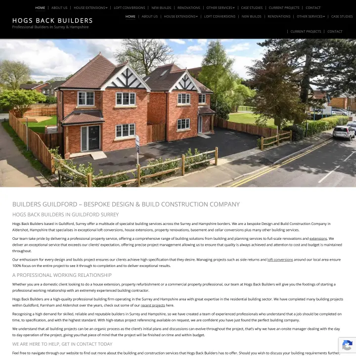 Hogs Back Builders website homepage with a newly built brick house