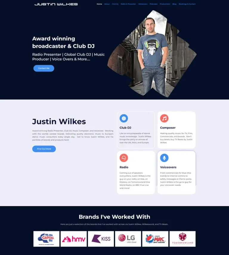 Justin Wilkes, award-winning broadcaster and club DJ, featured in a modern website design showcasing his services in radio presenting, music production, and voiceovers.