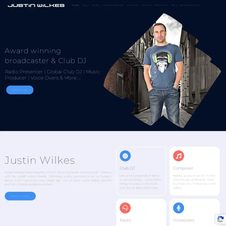 Justin Wilkes, award-winning broadcaster and club DJ, in casual attire against an urban backdrop, promoting his music production and voiceover services on his professional website.