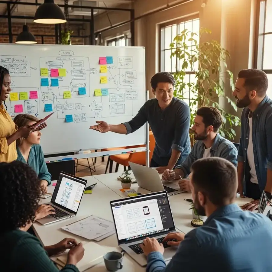 Team brainstorming around a whiteboard of sticky notes in a bright office